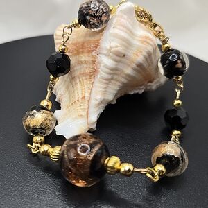 Hand Crafted Gold and Black Murano Glass Beaded Bracelet